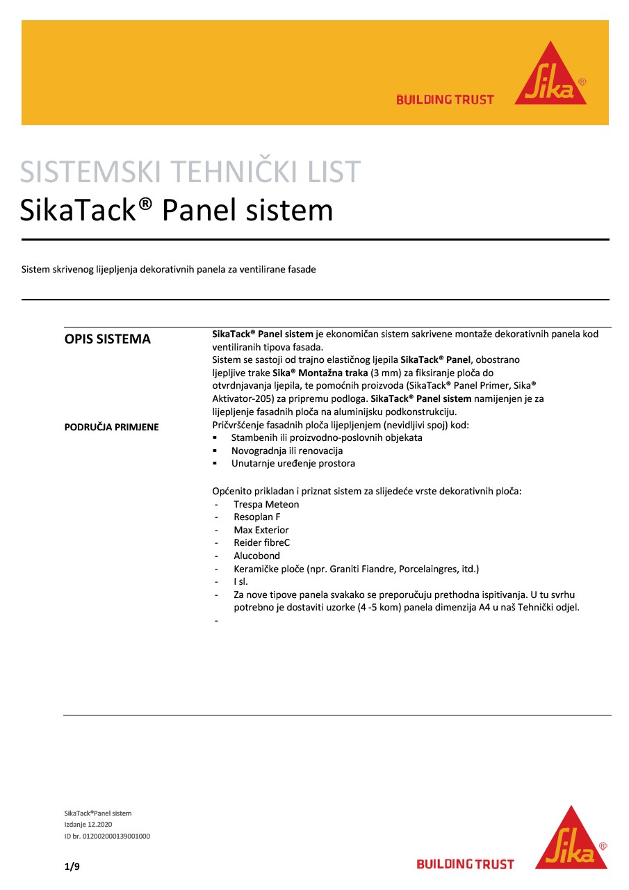 SikaTack Panel - preuzmite tehnički list